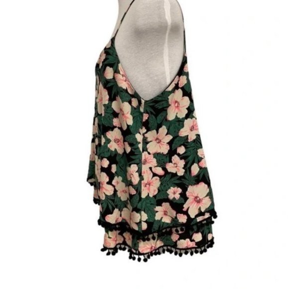 Bohemian tropical floral tiered lined camisole w pom pom fringe. Women’s size XL - Picture 2 of 6